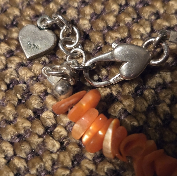 Vtg Orange Mother Of Pearl Carved Rose Pendent Necklace Stamped 925 w Earrings - Picture 7 of 9
